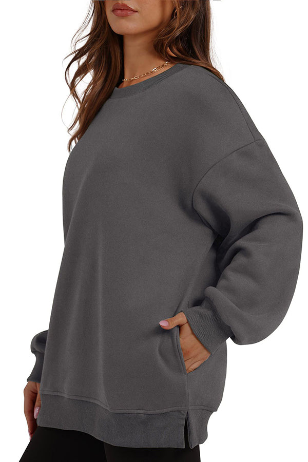 Solid Color Round Neck Pocket Loose Warm Long Sleeve Sweatshirt