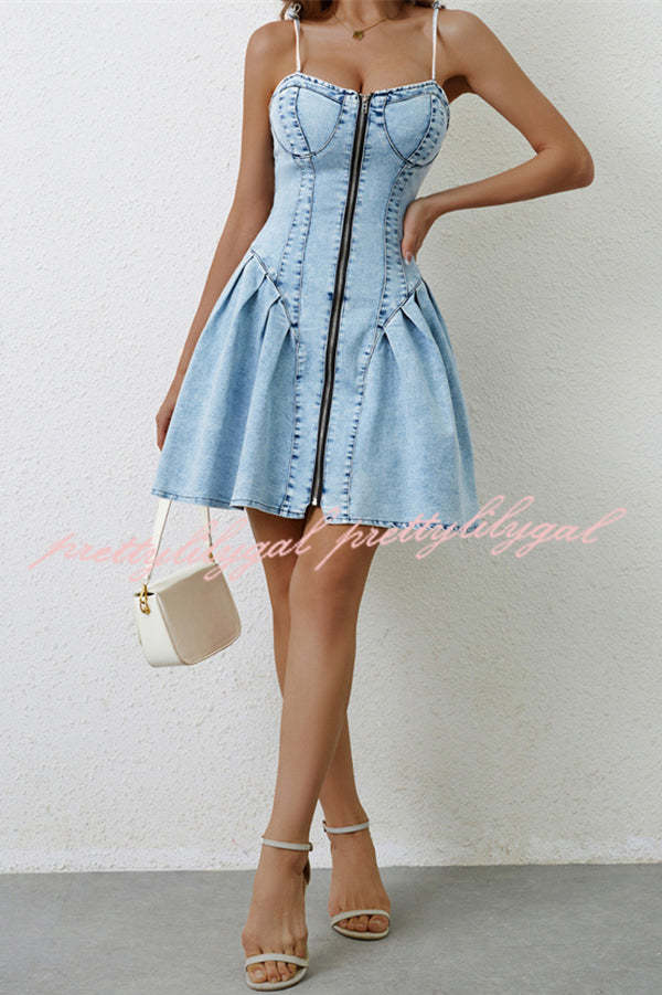 Fashionable Patchwork Suspender Zipper Slim Denim Mini Dress