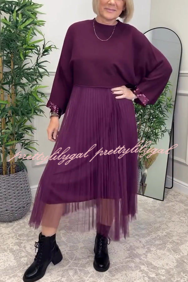 Fenna Ribbed Sequin Trim Batwing Sleeve Sweater and Pleated Tulle Stretch Tank Midi Dress Two-piece Set