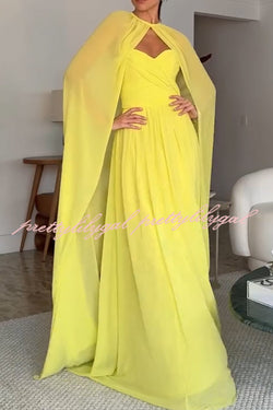 Romantic Party Chiffon Off Shoulder Sweetheart Neck Ruched Cape Maxi Dress