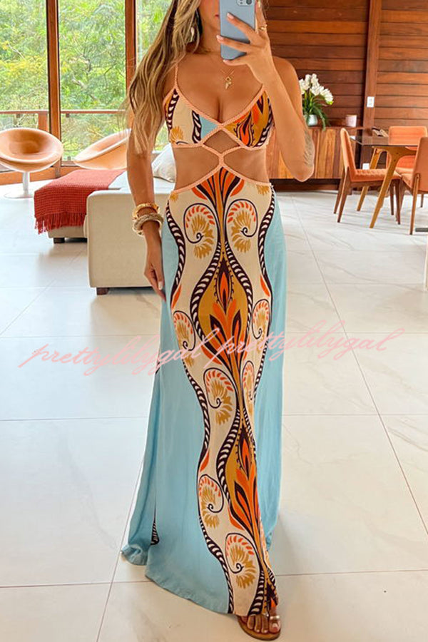 Summer Symphony Linen Blend Ethnic Unique Print Cutout Waist Back Tie-up Maxi Dress