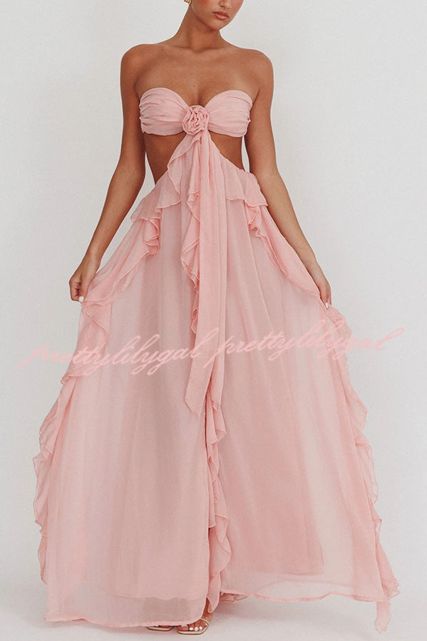 Gorgeous Vacation Halter Rose Detail Cut Out Ruffles Backless Maxi Dress