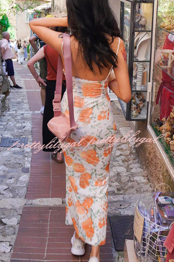 Floral Print Sexy Halter Back Slim Fit Lace Up Midi Dress