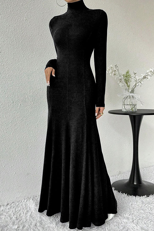 Solid Color High-neck Long-sleeved Slim-fit Fishtail Elegant Maxi Dress