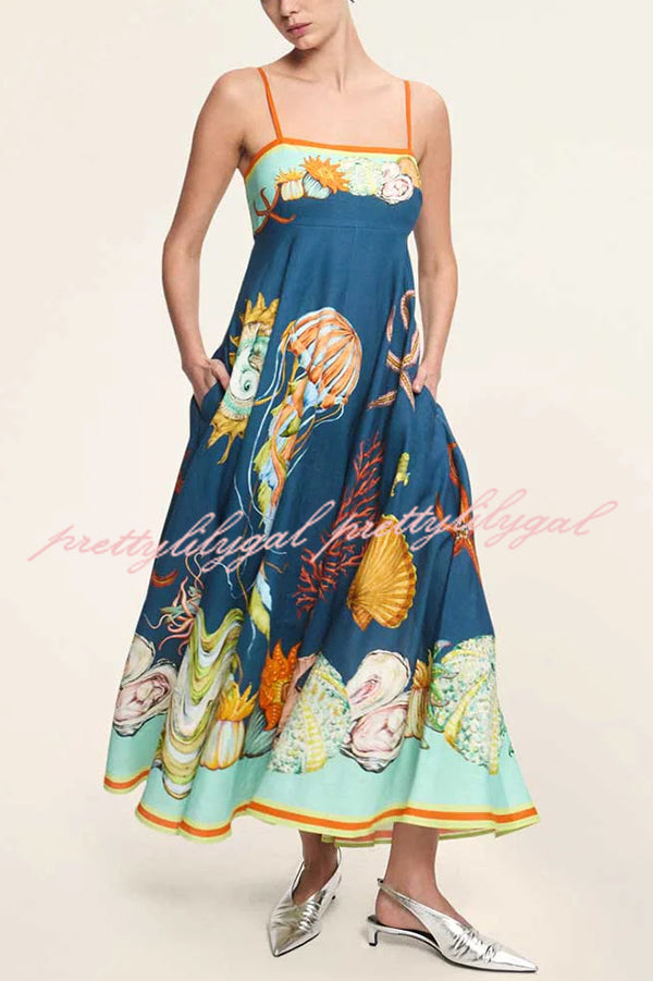 Linen Blend Unique Print Suspenders Back Pleated Pocket Resort Style Maxi Dress