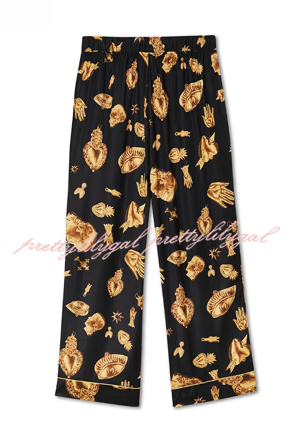 Golden Night Unique Print Color-block Trim Loose Shirt and Elastic Waist Pocketed Pajama Set