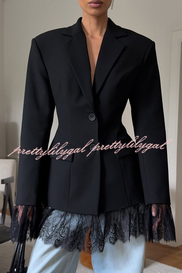 Solid Color Lace Panel Long Sleeve Button Elegant Blazer