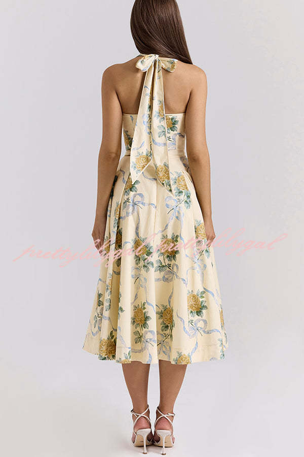 Resort Star Floral Print Waist Halterneck Tie Pocket Midi Dress