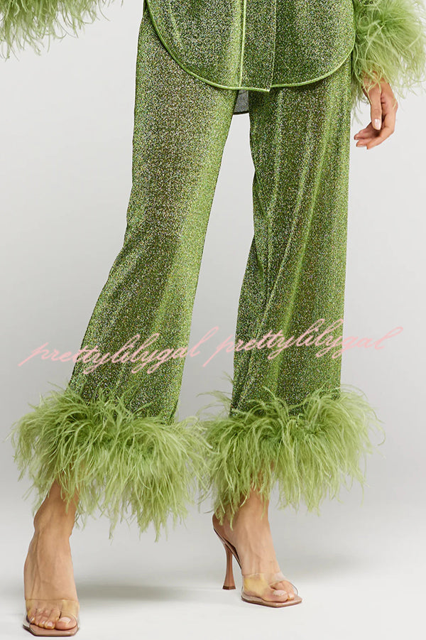 Glitter Fabric Feather Trim Long Sleeve Button Top and Elastic Waist Loose Straight Pants Set