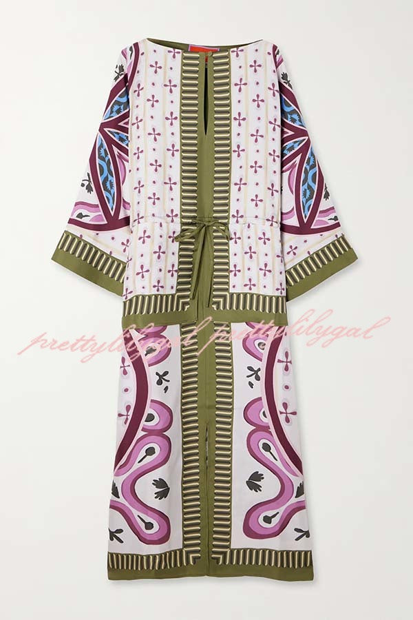 Texture and Elegance Satin Unique Print Bell Sleeve Drawstring Waist Slit Midi Dress