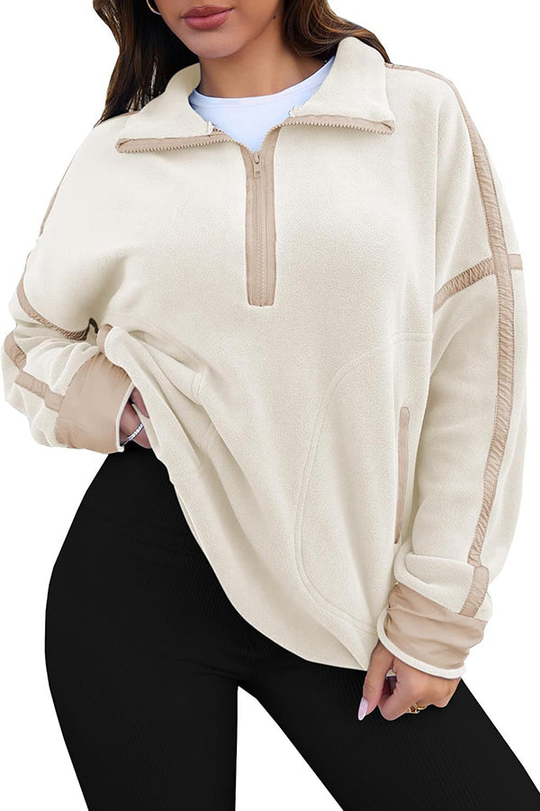 Stylish Color-blocked Trim Loose Casual Pocket Sweatshirt