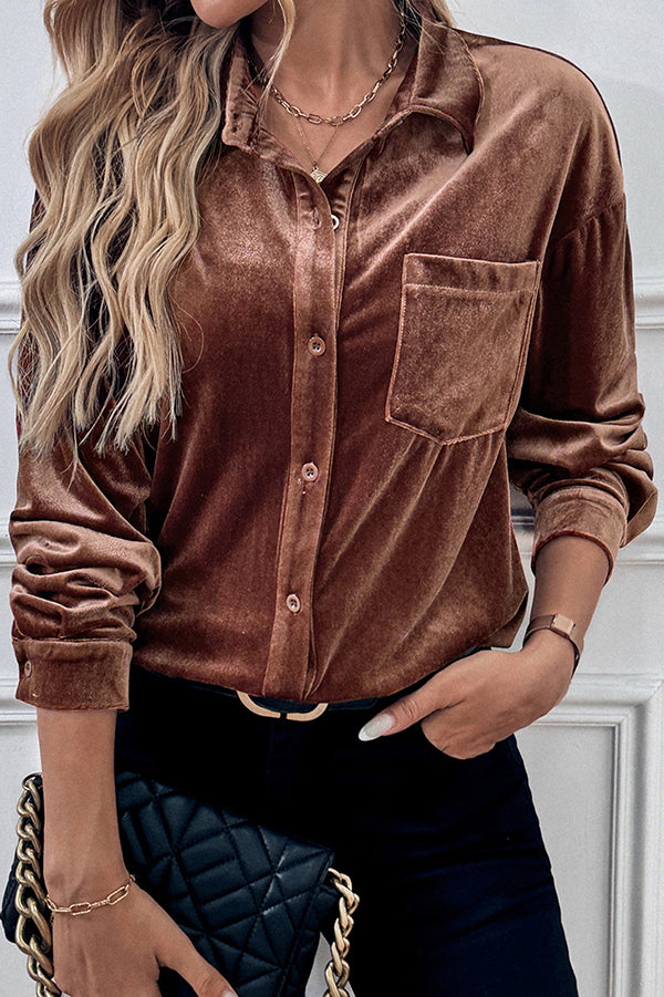 Solid Color Velvet Casual Lapel Pocket Loose Shirt