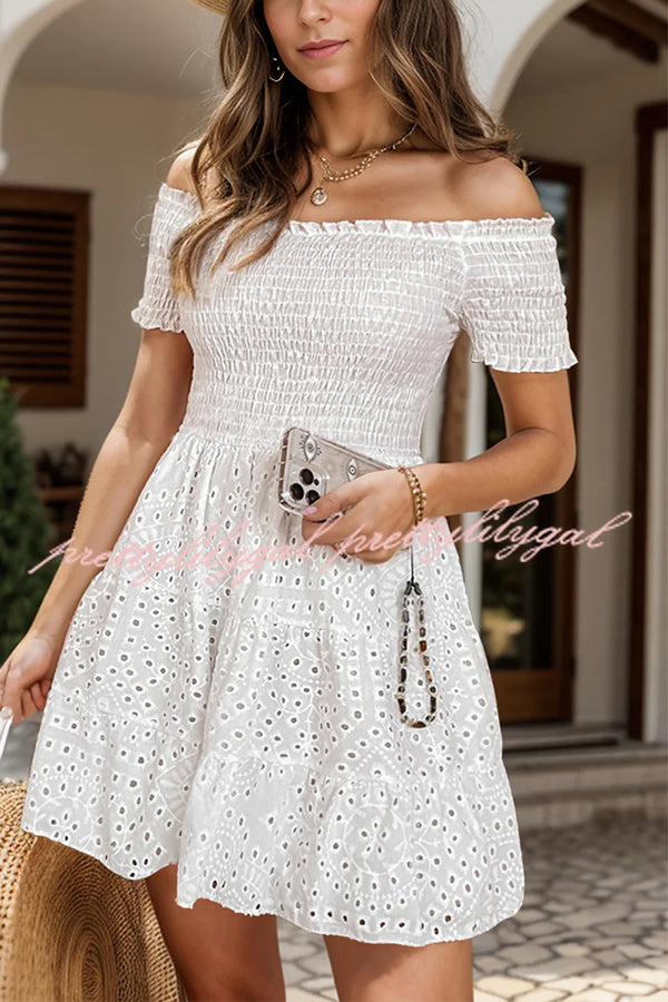 Solid Color Off Shoulder Embroidered Cutout Gathered Mini Dress