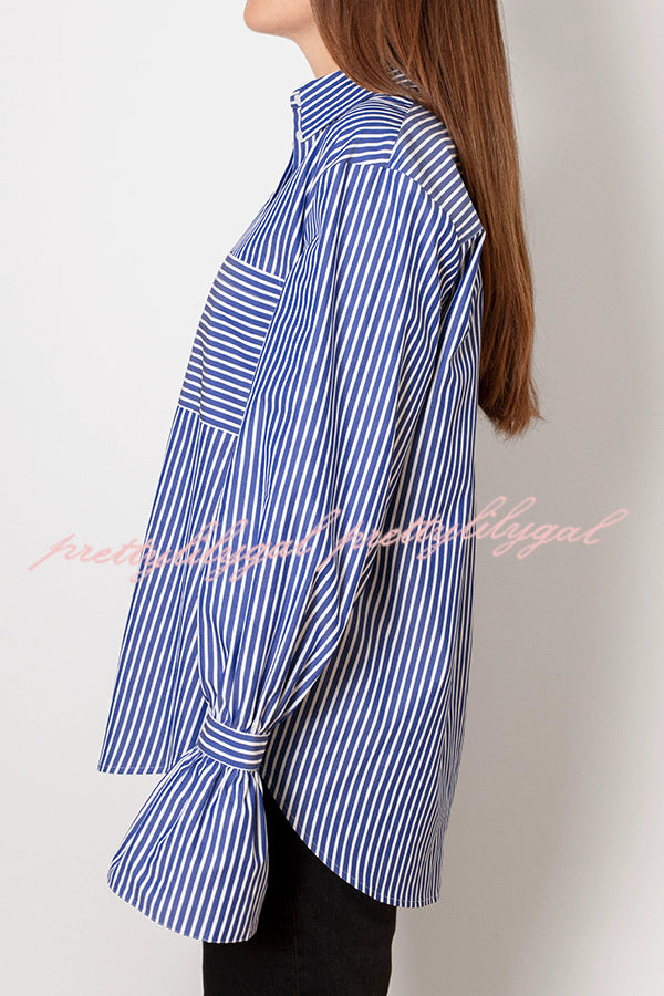 Striped Print Ruffled Long Sleeve Pockets Loose Shirt