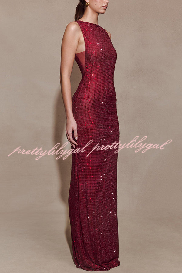 Holiday Nights Sequin Boat Neck Sleeveless Slit Maxi Dress