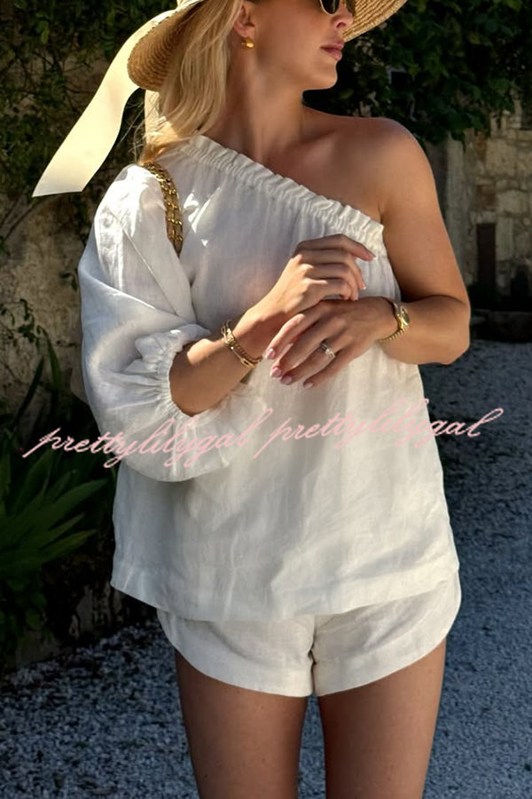 Chasing Comfort Linen Blend One Shoulder Top and Elastic Waist Pocket Shorts Set