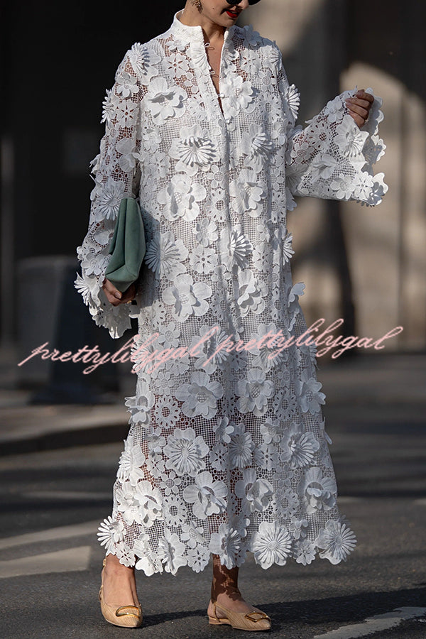 Solid Color Hollow Embroidery Loose Long Sleeve Midi Dress