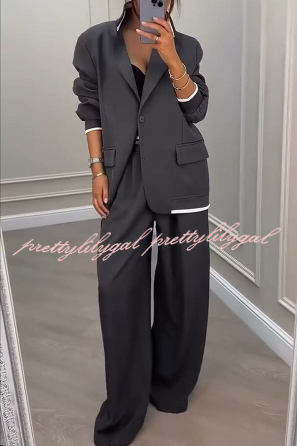 Fashion Sports Style Ribbed Colorblock Lapel Blazer and Elastic Waist Pocket Loose Pants Set