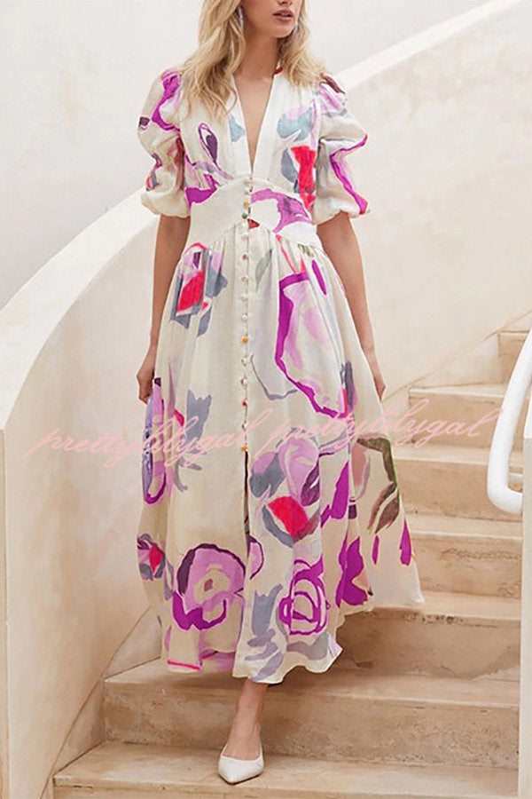 Lover's Gaze Watercolor Floral Printed Puff Sleeve Button Maxi Dress