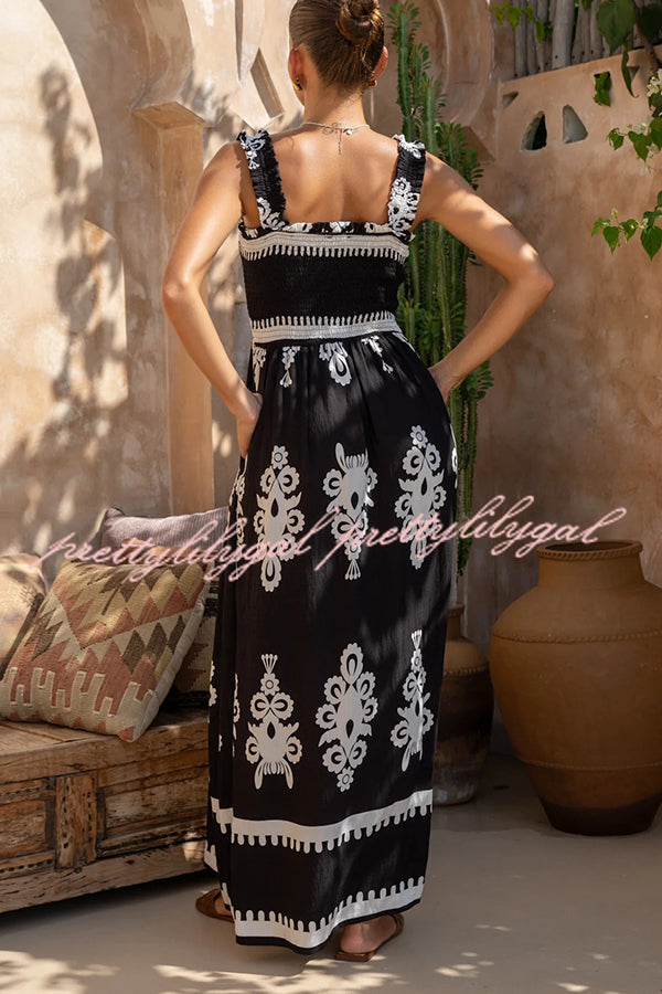 National Boho Style Unique Print Smocked Bust Wide Strap Pocket Maxi Dress