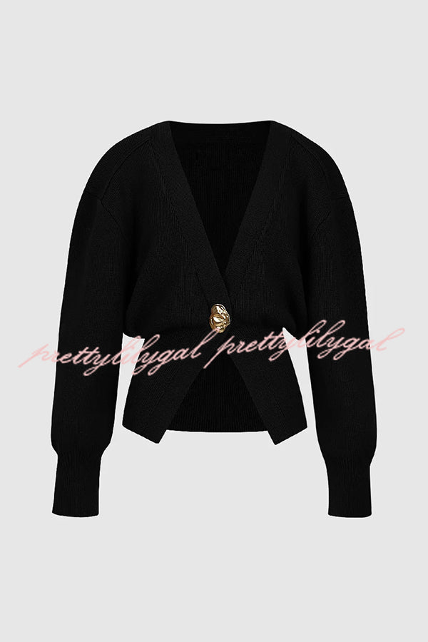 Only Yours Knit Metal Leaf Shape Button Lantern Sleeve Relaxed Cardigan