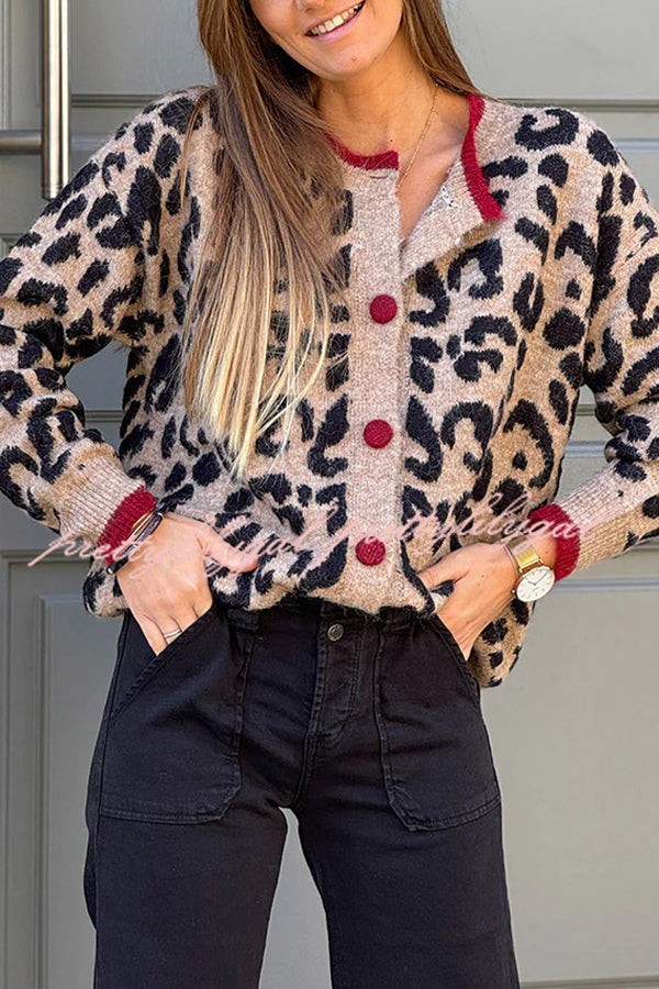 Leopard Print Crew Neck Long-sleeved Loose Knit Cardigan