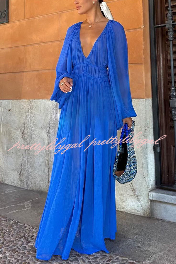 Blue Gemstone Chiffon Ruched Gathered Waist Maxi Dress