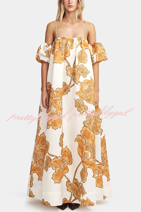 Floral Print Suspenders Puff Sleeves Loose Pocket Holiday Maxi Dress