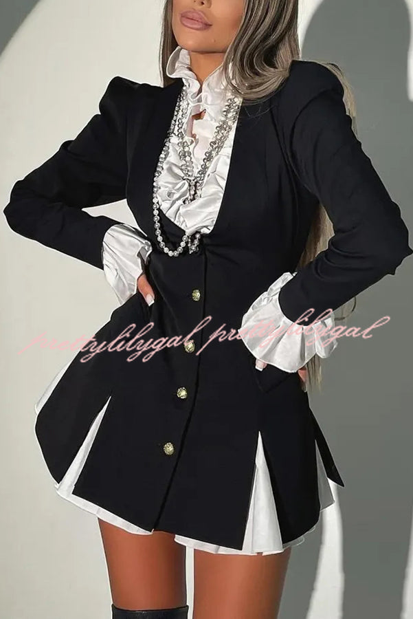 Altair Contrast Ruffled Shirt Patchwork Button Pleated Blazer Mini Dress