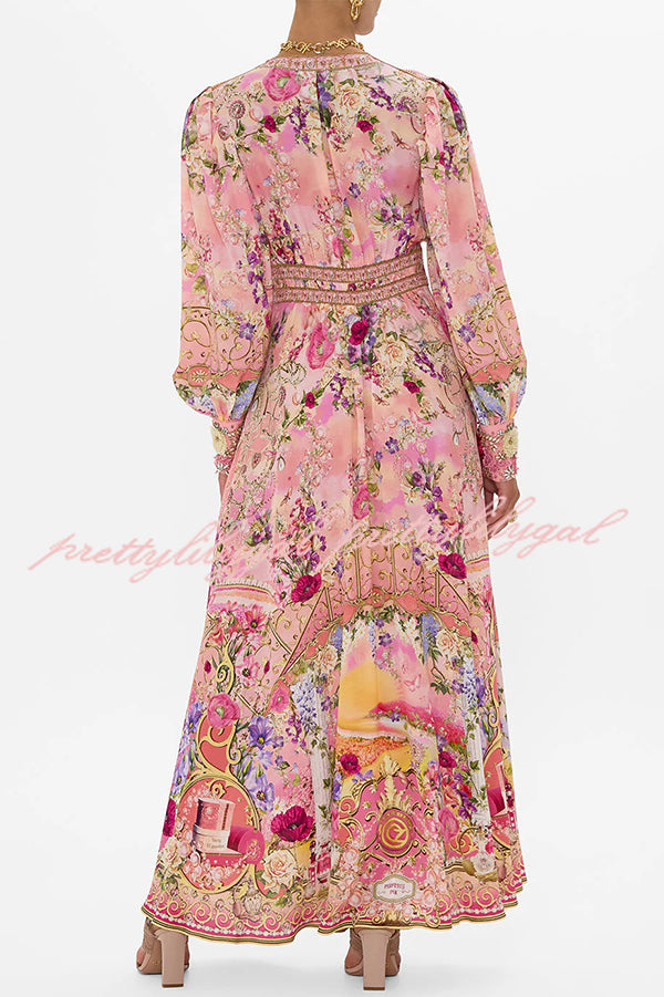 Fairy Tale Print V-Neck Lantern Sleeve Waist Maxi Dress