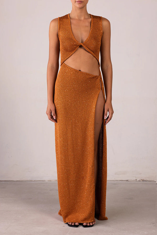 Beautiful Figure Shiny Knit Fabric Cutout Side Slit Stretch Vacation Maxi Dress