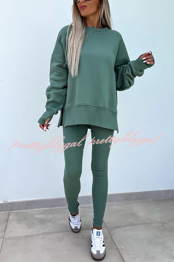 Solid Color Loose Long Sleeve SlitSweatshirt and Elastic Waist Tight Pants Set