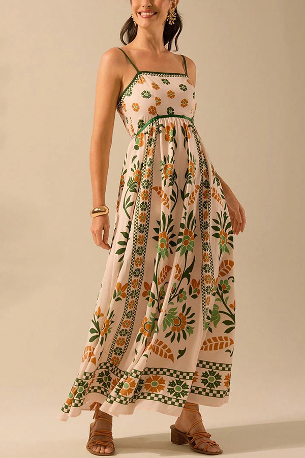 Unique Printed Sling Back Pleated Loose Holiday Maxi Dress