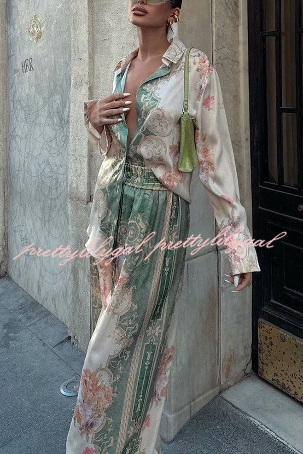 Antibes Satin Court Unique Printed Long Sleeve Loose Shirt and Elastic Waist Pants Set