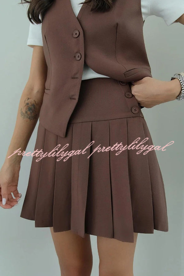 Solid Color Sleeveless Buttoned Vest and High-waisted Pleated Mini Skirt Set