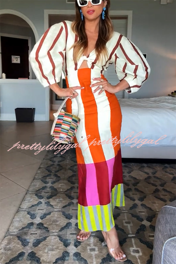 Kaya Linen Blend Color Block Print Front Cutout Knot Puff Sleeve Maxi Dress