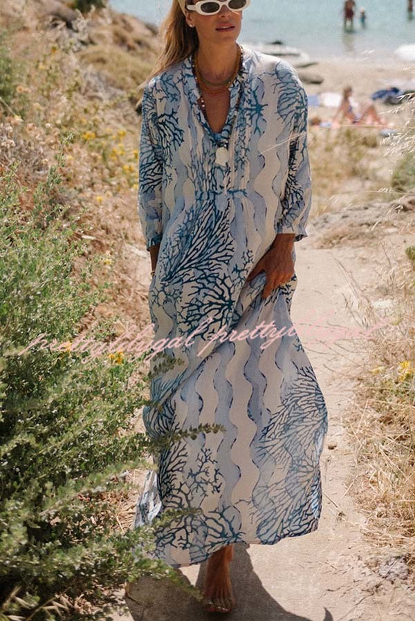 Quiet Sea Unique Print Pleated Neck Long Sleeve Slit Kaftan Maxi Dress