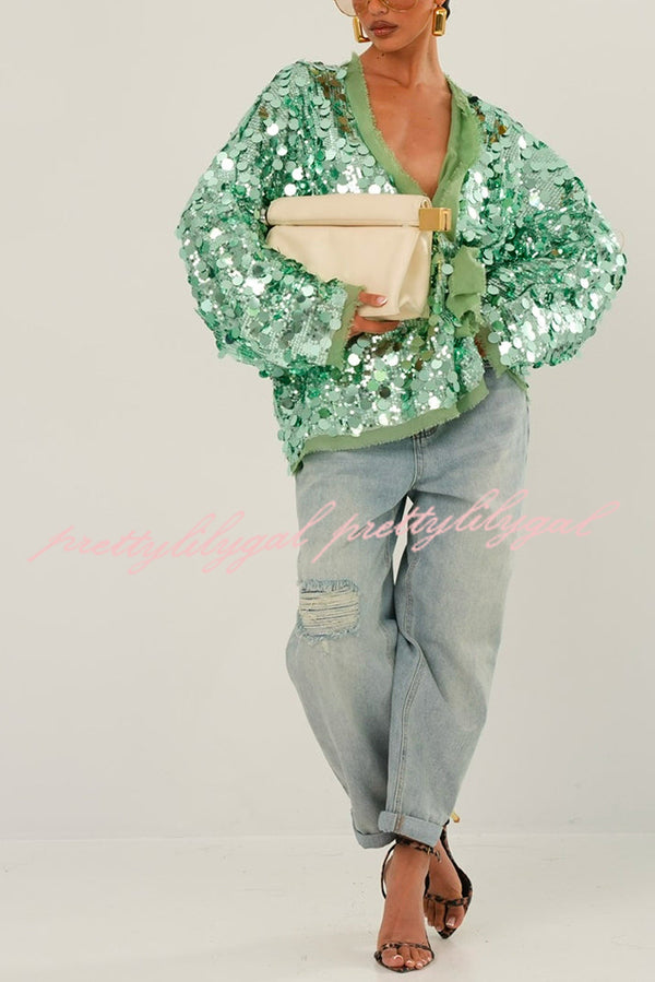 Fashion Sequined Long-sleeved V-neck Loose Lace-up Cardigan