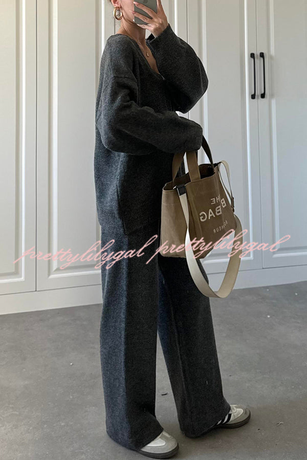 Solid Color V-neck Tie Long-sleeved Loose Knit Cardigan and Elastic Waist Casual Straight Leg Pants Set