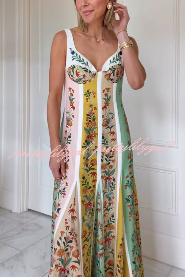 Sweet Garden Linen Blend Color Block Floral Paneled Maxi Dress
