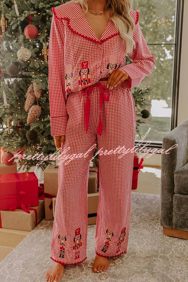 Nutcracker Charm Embroidered Gingham Loose Shirt and Elastic Waist Pajama Set