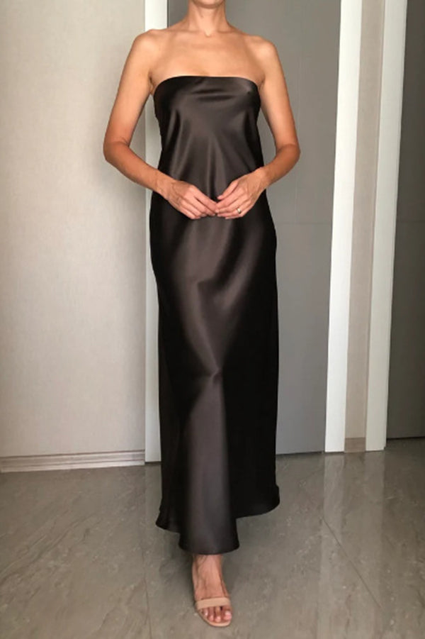 Satin Solid Color Elegant Strapless Slim Maxi Dress