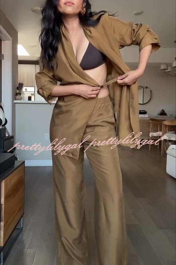 Bella Satin Drape Collar Single Button Casual Blazer and Elastic Waist Pocket Loose Pants Set