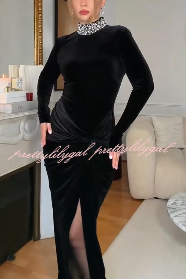 Love Lost Velvet Embellished High Neck Long Sleeve Twist Slit Maxi Dress