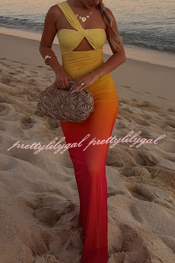 Dreamy Sunset Mesh Ombre Print One Shoulder Cutout Stretch Maxi Dress