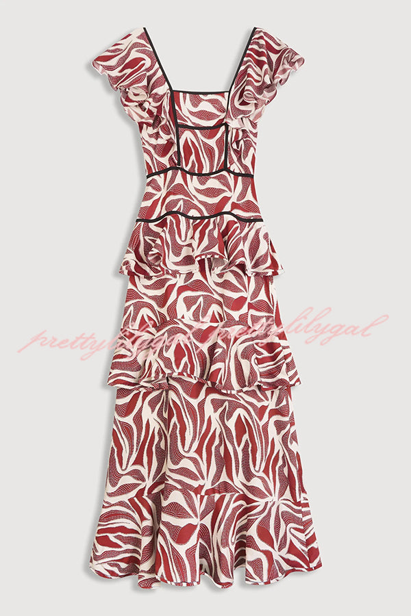Unique Print Square Neck Ruffle Holiday Maxi Dress