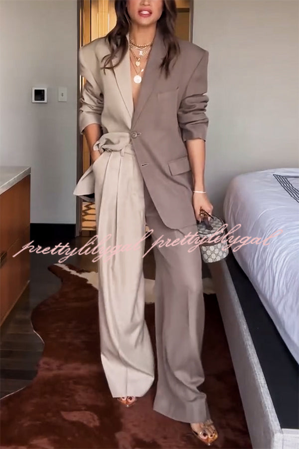 Girl Boss Avant-garde Contrast Colors Lapel Boyfriend Blazer and Pocketed Wide Leg Pants Set