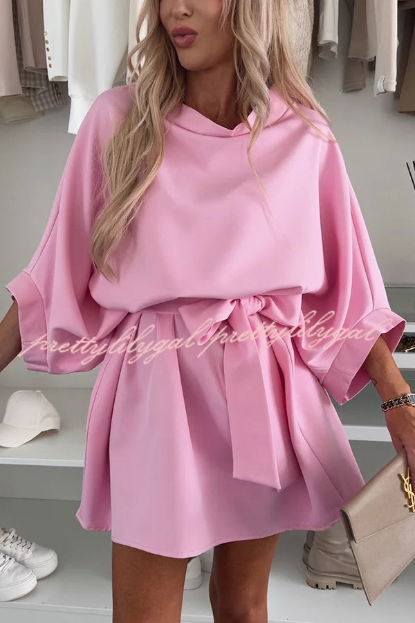 Solid Color Loose Round Neck Belted Mini Dress