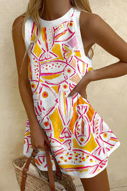 Cartoon Fish Print Sleeveless Resort Mini Dress