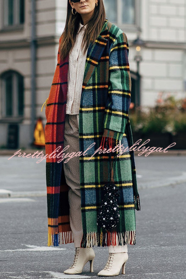 Fashionable Color-block Plaid Print Lapel Long-sleeved Casual Long Coat